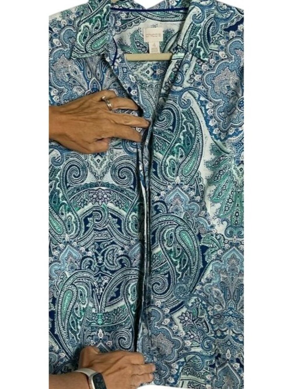 Chico's No-Iron Cotton Paisley Shirt Blue Green 3/4 Sleeve Size 4/20 - Picture 3 of 11